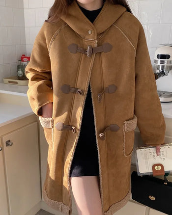 Suede hooded duffel button sheepskin coat