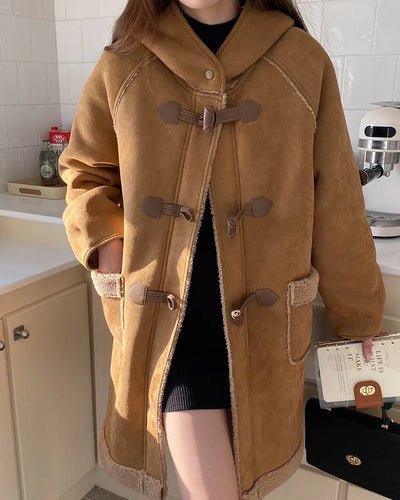 Suede hooded duffel button sheepskin coat