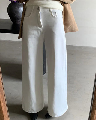 White wide-leg straight pants with brushed lining