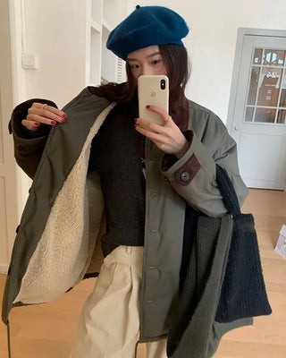 (2 colors) Wool-lined boa button-up jacket, oversized