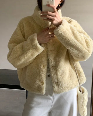 High-neck fur jacket & bag set