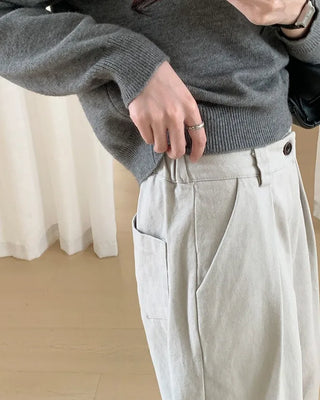 Pleated slit elastic waist cotton pants