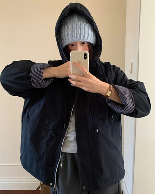 (2 colors) Checkered pattern, color-blocked, fleece-lined hooded jacket (brushed lining)