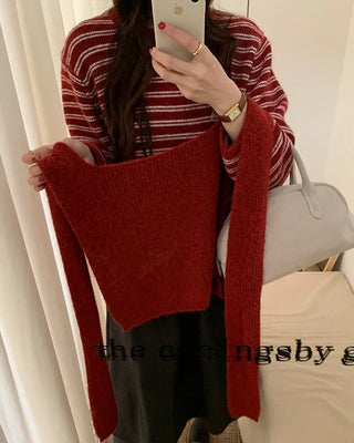 Striped round neck knit faux shawl set
