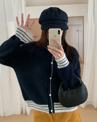 (3 colors) Bi-color round neck cardigan