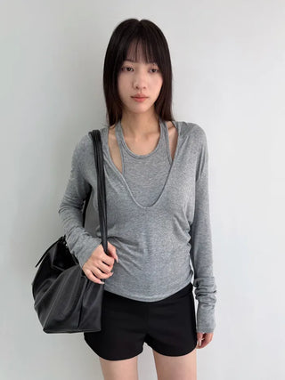 Halter neck faux layered hooded T-shirt