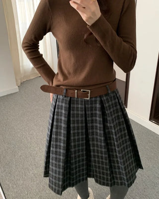 Belted wool check pattern pleated midi skirt (2 colors)
