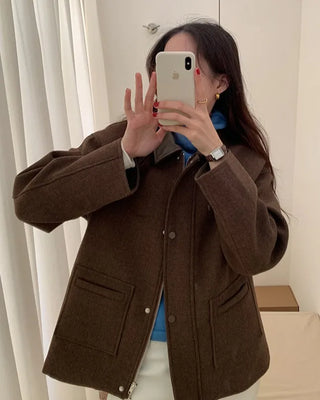 Leather-colored brown zip-up button jacket