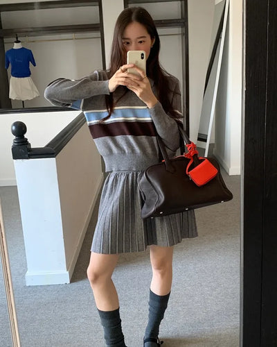 (Set) Colored knit & pleated skirt