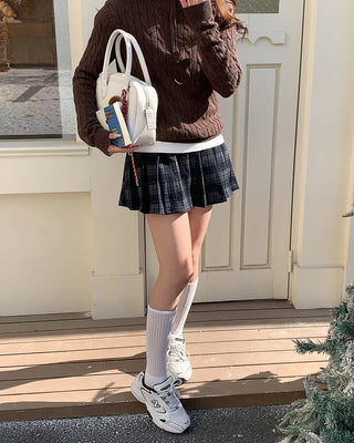 (2 colors) Retro check A-line pleated mini skirt