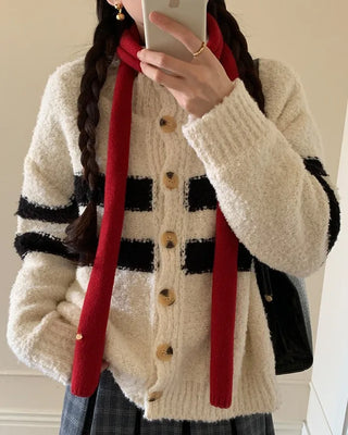 Thick knit cardigan with high neck and contrasting color (2 colors)