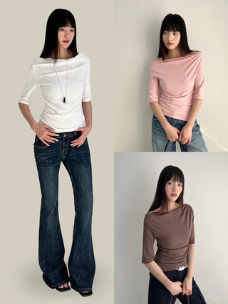 (6 colors) Off-shoulder T-shirt