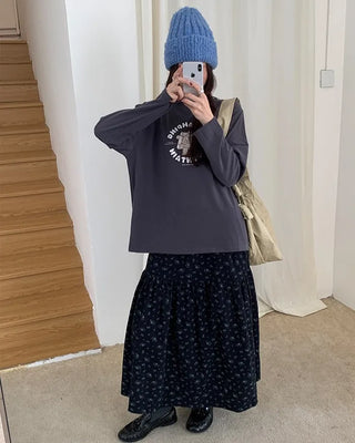 Printed round neck long-sleeve T-shirt