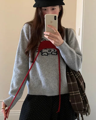 Cat embroidered round neck knit