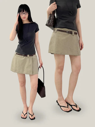 Khaki beige mini wrap skirt