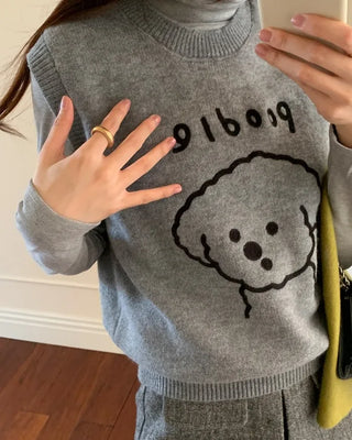 Poodle embroidered round neck knit vest