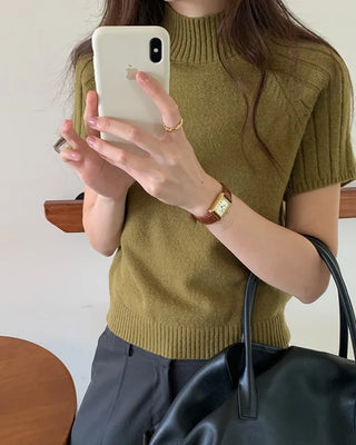 High-neck short-sleeved knit t-shirt