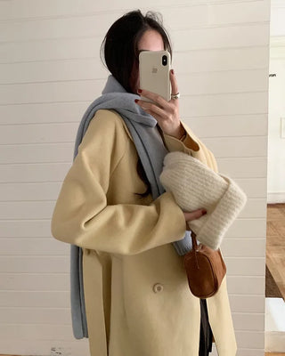 (2 colors) Wool brand belt long coat