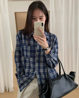 (2 colors) Peach brushed check shirt