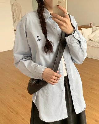 Embroidered cotton long-sleeved loose-fit shirt