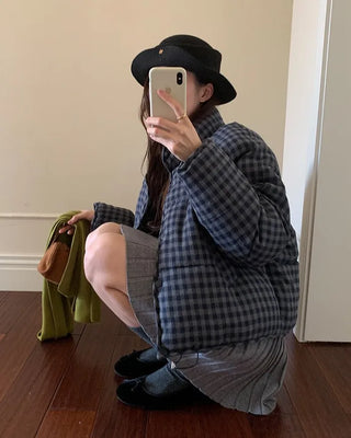 Checkered high-neck short down jacket