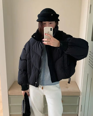 Cotton short down jacket with elastic waistband
