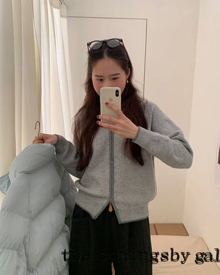 Striped two-way zip-up hooded knit sweater