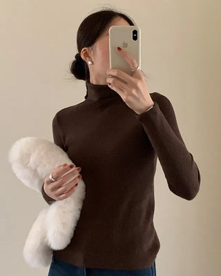 Ribbed Turtleneck Basic Knit T-Shirt