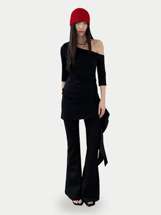 One-shoulder side shirred short-sleeved T-shirt