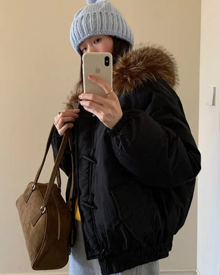 Duffle down jacket with buttons and fur hood