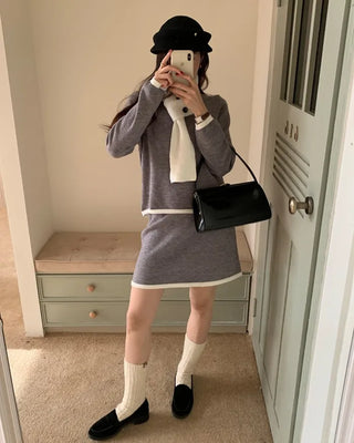 Line bicolor knit two-piece set with scarf SET