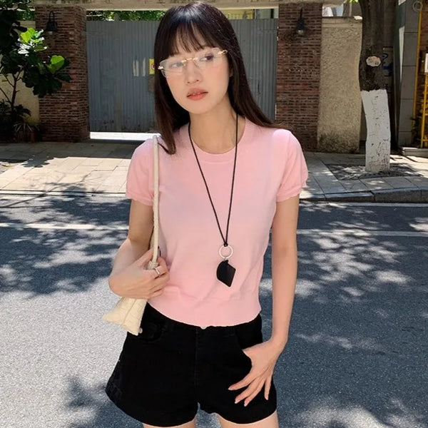 [4 colors] Round neck solid color short-sleeve knit