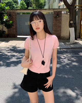 [4 colors] Round neck solid color short-sleeve knit