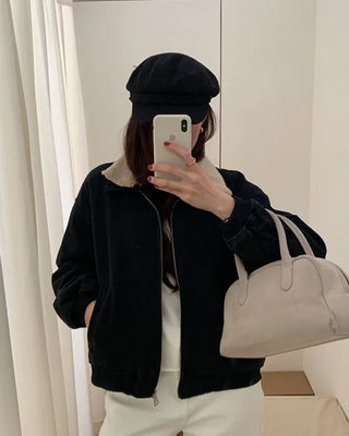 Detachable collar quilted denim zip-up jacket