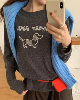 Puppy embroidered round neck long-sleeved T-shirt