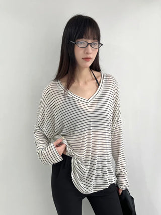 Lyocell blend striped V-neck T-shirt
