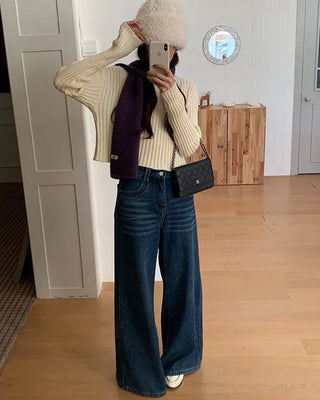 Fleece-lined washed wide-leg denim pants