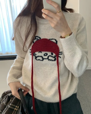 Cat embroidered round neck knit