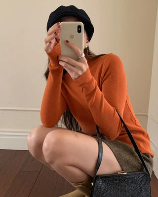Ribbed Turtleneck Basic Knit T-Shirt