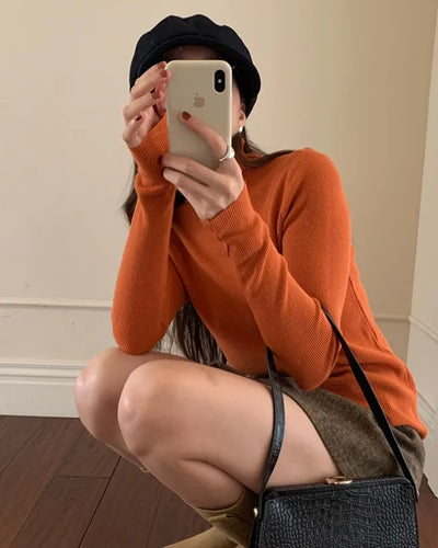 Ribbed Turtleneck Basic Knit T-Shirt