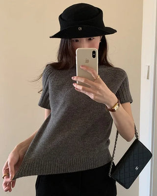 High-neck short-sleeved knit t-shirt