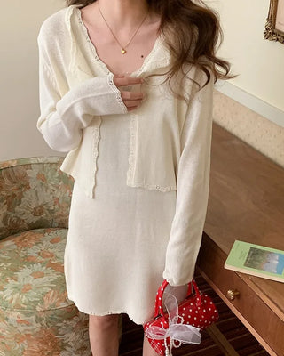 (4 colors) (set) Lace sleeveless knit dress & cardigan set