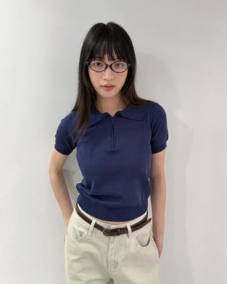 (2 colors) Half-zip color knit T-shirt