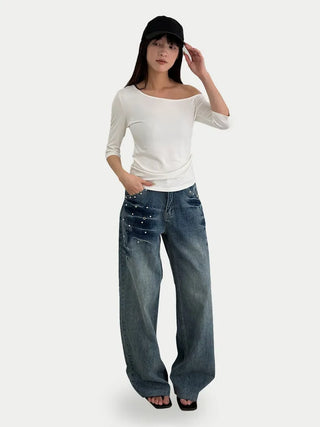 One-shoulder side shirred short-sleeved T-shirt