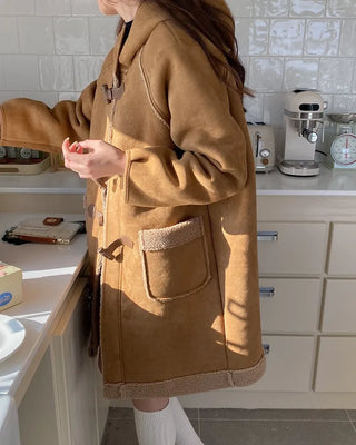 Suede hooded duffel button sheepskin coat