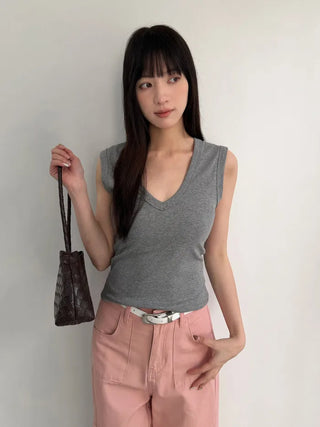 (4 colors) Deep V-neck sleeveless T-shirt