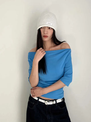 (6 colors) Off-shoulder T-shirt