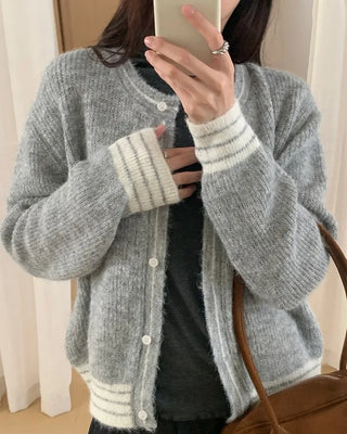 (3 colors) Bi-color round neck cardigan