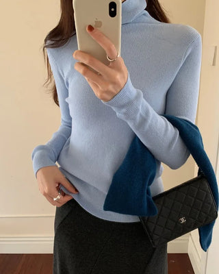 Ribbed Turtleneck Basic Knit T-Shirt