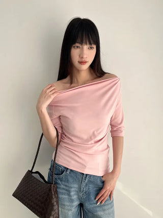 (6 colors) Off-shoulder T-shirt